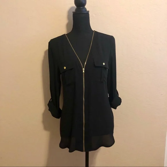 G by Guess Zip Front Dress Shirt with gold accents. Size: M - Picture 3 of 8